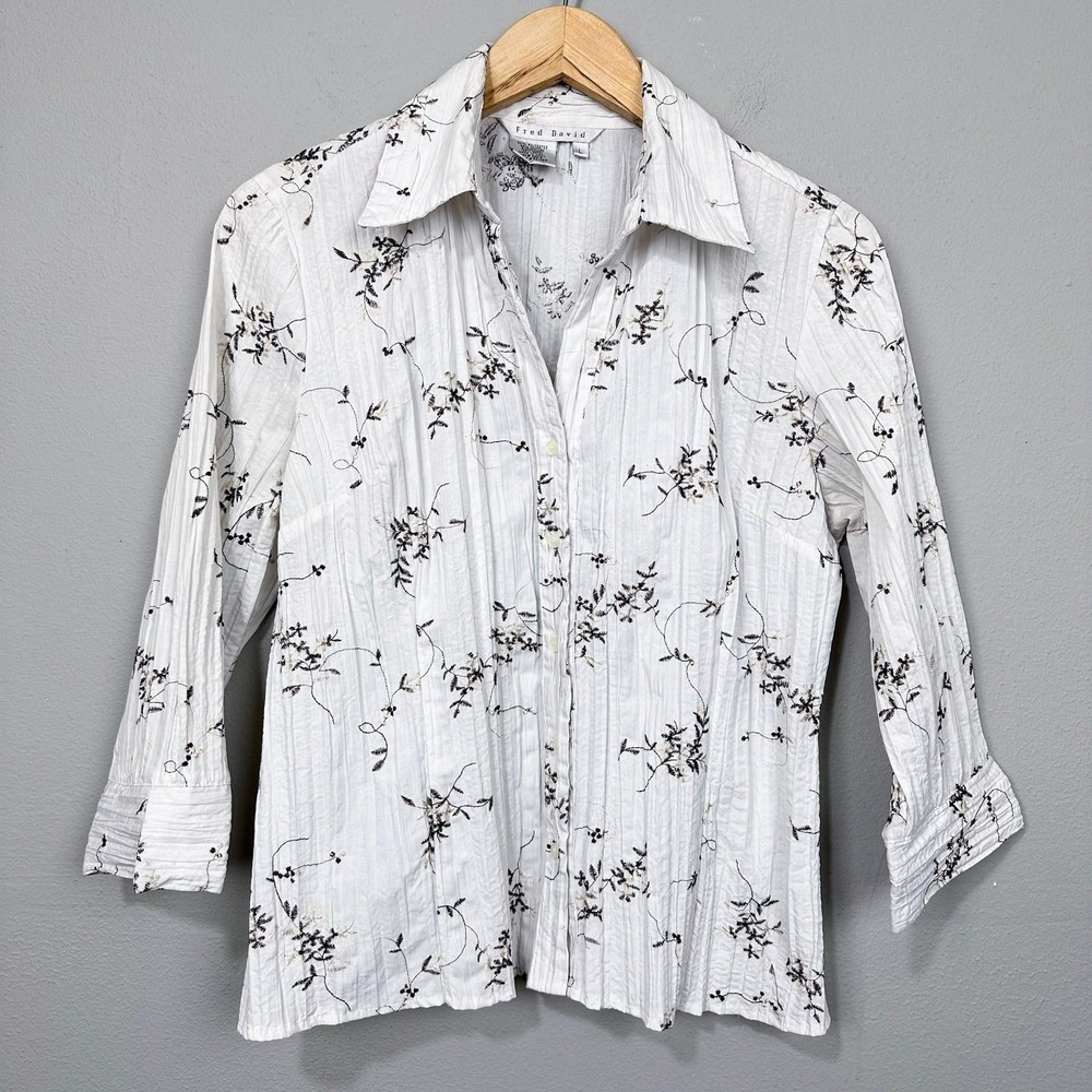Fred David Shirt Womens Size L White Crinkle Floral Embroidered Y2K Button Down